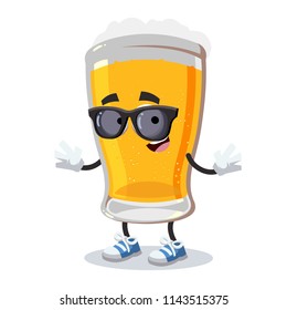 cartoon glass of beer character mascot in black sunglasses on a white background