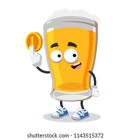 cartoon glass of beer mascot keeps the coin on white background