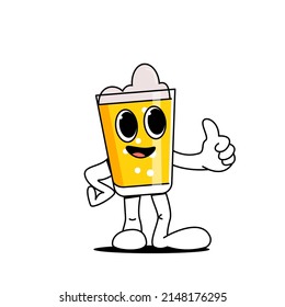 A cartoon glass of beer stands and cheerfully shows a thumbs up. Mug character with beer. Stock vector illustration of alcoholic drinks. Isolated white background.