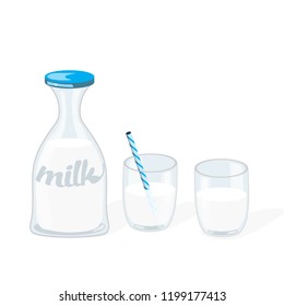 Cartoon glass bottle of milk and two glasses. Vector illustration. Milk with blue straw isolated on white background