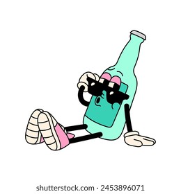 Cartoon glass bottle sits, relaxes. Funny character whistling melody, looks over sunglasses. Groovy mascot of beer in retro style of 70s. Flat isolated vector illustration on white background