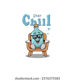 Cartoon glass bottle sitting relaxing on chair, Cute character with glasses. Cool beer mascot in 70s retro style. Flat vector illustration isolated on white background