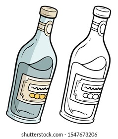 Cartoon glass bottle strong of alcohol with label. Isolated on white background. Vector icon for coloring.