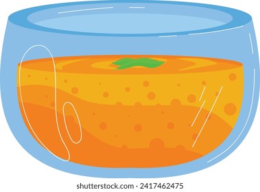 Cartoon glass bowl of orange soup with a green leaf garnish. Soup in transparent dish illustration.