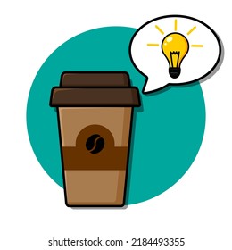 Cartoon glass of coffee, good idea, light bulb. Vector illustration.