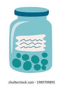 Cartoon glass jar with food. Zero waste food storage in glass jars for bulk products without packaging. Zero waste pantry. No plastic. Hand drawn vector illustration.