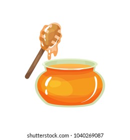 Cartoon glass jar of honey with wooden drizzler. Organic and healthy product from apiary farm. Sweet food. Ingredient good for facial skin care. Flat vector design