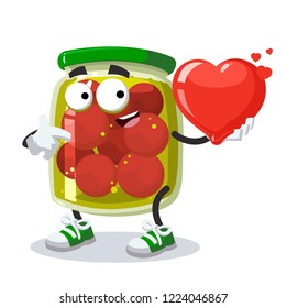 cartoon glass jar of pickled tomatoes character mascot keeps the heart on white background