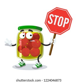 cartoon glass jar of pickled tomatoes mascot with tablet stop in hand on white background