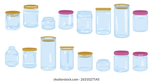 Cartoon Glass Jars Collection. Set of flat kitchen containers with gold and pink lids, isolated on white background.