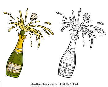 Cartoon glass open bottle of champagne explosion with cork and paper label. Isolated on white background. Vector icon for coloring.
