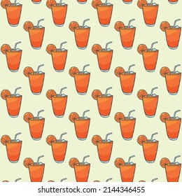 cartoon glass of orange juice hand drawing doodle style vector illustration Seamless pattern on yellow background design wallpaper.