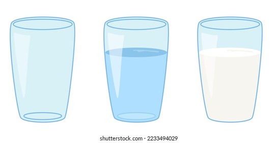 Cartoon glass vector illustrations. Includes an empty glass, a glass of water and a glass of milk.