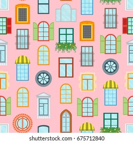 Cartoon Glass Windows Background Pattern on a Pink Decoration Building Construction Element Urban Street Flat Design Style. Vector illustration