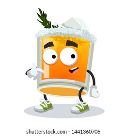 cartoon glass of Winter Sun cocktail mascot showing himself on a white background