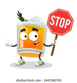 cartoon glass of Winter Sun cocktail mascot with tablet stop in hand on white background