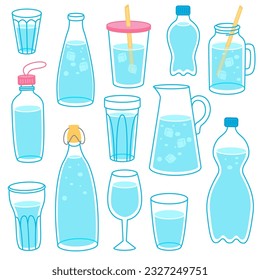 Cartoon glasses, bottles, jars with water and ice. Vector set.