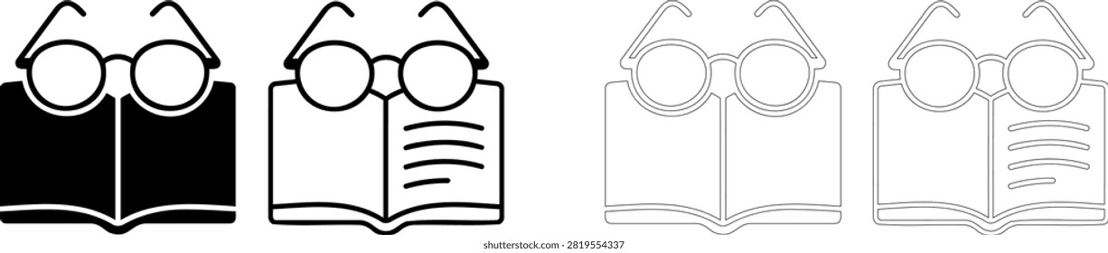 Cartoon glasses resting on an open book icon set Editable