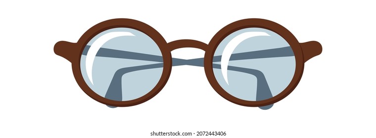 Cartoon glasses for sight. Brown rimmed reading eyeglasses for reading books, vector isolated on white background