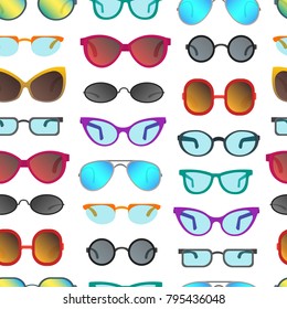 Cartoon Glasses and Sunglasses Seamless Pattern Background on a White Accessory for Summer Party or Carnival Flat Style Design. Vector illustration