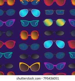 Cartoon Glasses and Sunglasses Seamless Pattern Background Accessory for Summer Party or Carnival Flat Style Design. Vector illustration