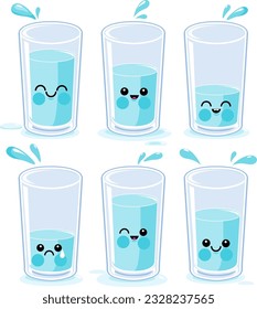 Cartoon glasses of water. Vector illustration set