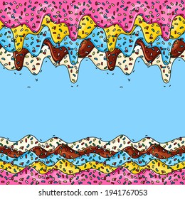 Cartoon glaze of donut. Splashes of colored glaze and colored sprinkles. Seamless pattern