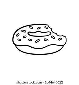 Cartoon glazed donut with sprinkles on top with a bite outline illustration. Simple easy coloring book page, activity, worksheet print for kids.