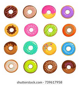 Cartoon glazed sweet donut isolated vector set. Donut dessert with chocolate and sugar illustration