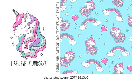 Cartoon glitter unicorn vector seamless pattern. card, poster, print, t-shirt design for kids, children books, print, wallpapers.  Animal pattern. Cute kid background. Fashionable.