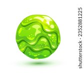 Cartoon glittery slime ball. Green slimy sphere, round gui asset, isolated on white background. Vector bubble item for game design.