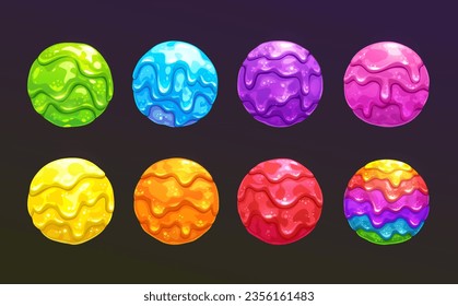 Bolas de lodo de brillo de caricatura puestas. Esfera resbaladiza multicolor, activos de blob gui en el fondo oscuro. Objetos de burbuja de gelatina vectorial para el diseño de juegos.