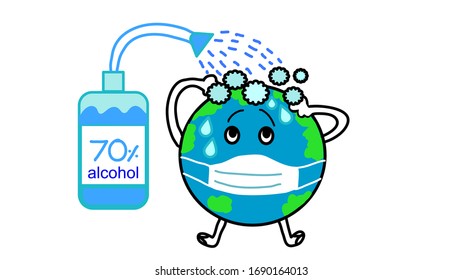 cartoon globe with Alcohol shower during covid19 