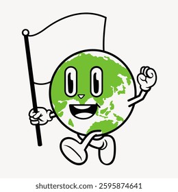 Cartoon globe character holding a flag, smiling, and walking. Green and white Earth design. Cheerful globe with flag, happy and animated. Fun Earth character. Doodle illustration vector.