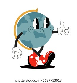 Cartoon globe character mascot. Funny globe in 90s groovy style. Cute funny retro hippie school stationery design. Education sticker, icon, decorative, poster