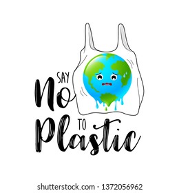 cartoon globe character in plastic bag. Say no to plastic concept. Illustration isolated on white background.