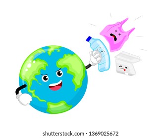 Cartoon globe character punch to plastic and foam product. Say no to plastic bag. Global warming concept. Vector illustration isolated on white background.