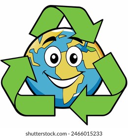 Cartoon globe character with a smiling face and a recycling symbol