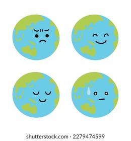 Cartoon globe earth face with emotion icons. Earth with expressions. Angry, smiling, asleep and sweating Earth