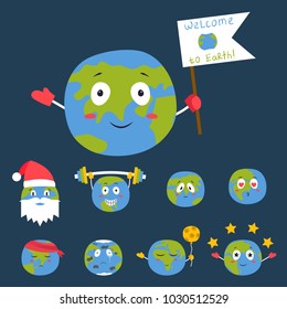 Cartoon globe emotion planet icons smile happy nature character expression vector illustration avatar