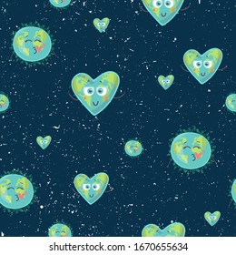 Cartoon globe with emotion web icons green global smile face happy nature character expression, ecology earth planet world map seamless pattern vector illustration. hand drawing