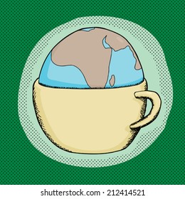 Cartoon of globe inside a cup over green
