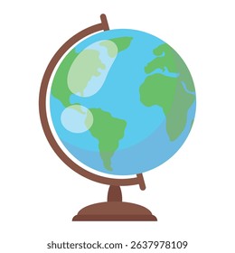 Cartoon globe. Isolated map of the world. Equipment for geography lesson. Planet Earth model on the stand. Vector illustration.