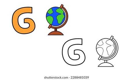Cartoon globe and letter G coloring book vector illustration for children