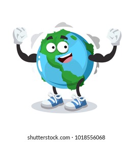 cartoon globe mascot shows its strength on a white background