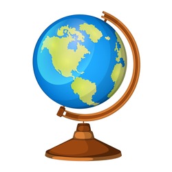 Cartoon Globe Model On A Wooden Leg Isolated On A White Background.Model Of The Earth For Graphics, Clipart Etc.