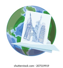 Cartoon globe and paper plane 