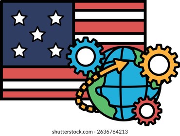 A cartoon of a globe with a red, white and blue American flag in the background. The globe is surrounded by gears, and the flag is positioned above the globe