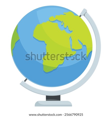 Cartoon globe rotating on a stand, showing africa and asia in green and the oceans in blue