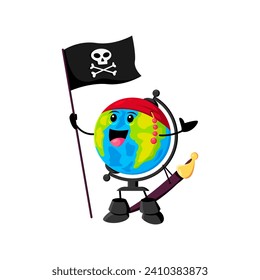 Cartoon globe school supply pirate and corsair character. Isolated vector cheerful world map personage with a jolly smile, and sailor bandana hat, sailing the high seas with a jolly roger flag in hand